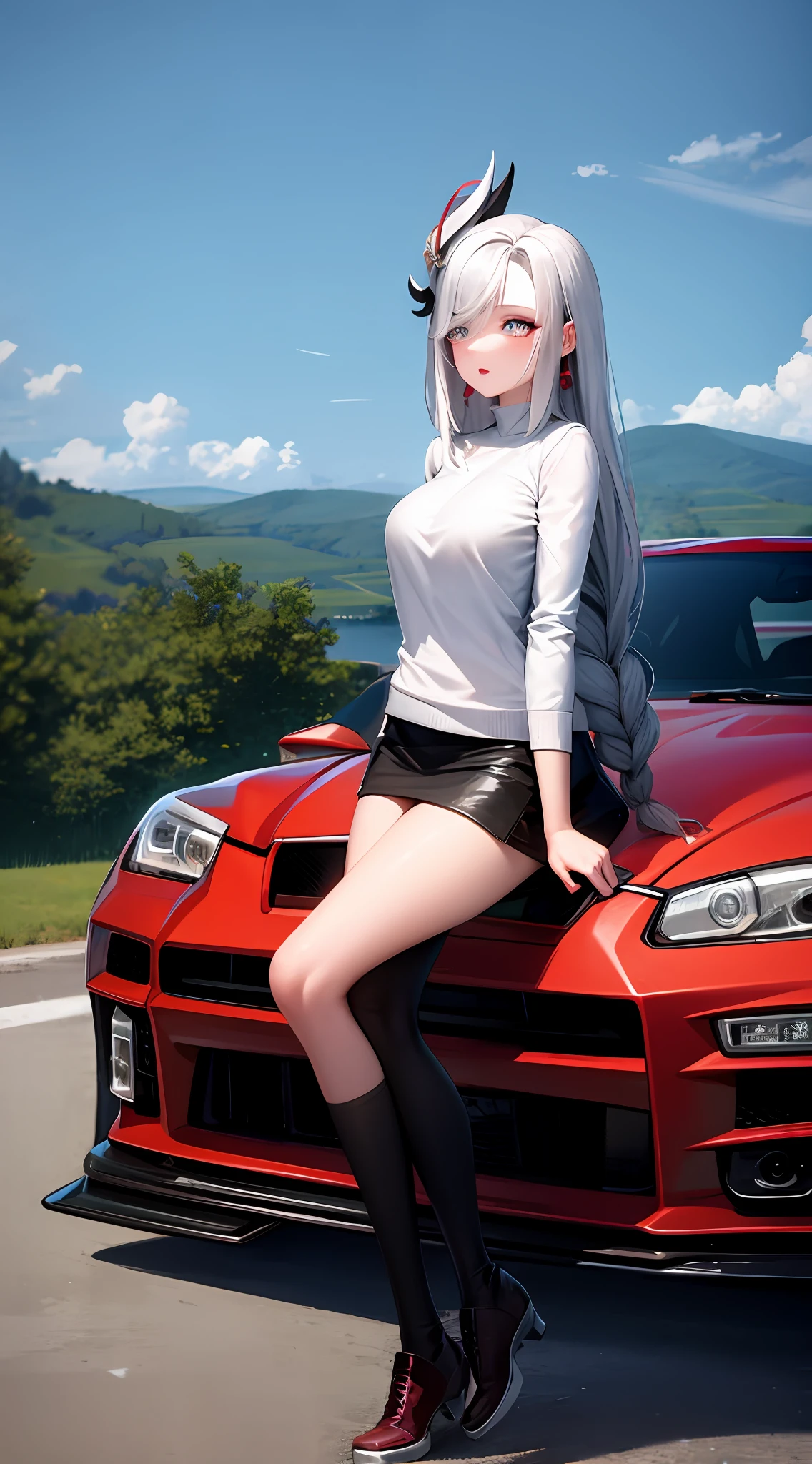 (aesthetic:0), (quality:0), (car:0), shenhedef, [[wrc]], (1girl:0), (boy:0), [[braid]], [[standing]], [[[[nurburgring]]]], white hoodie, short skirt, Nissan Skyline R34 GT-R Z Tune