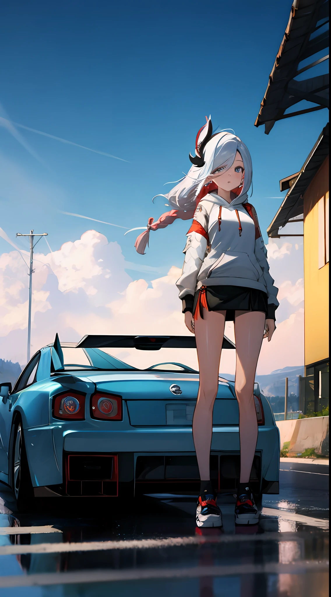 (aesthetic:0), (quality:0), (car:0), shenhedef, [[wrc]], (1girl:0), (boy:0), [[braid]], [[standing]], [[[[nurburgring]]]], white hoodie, short skirt, Nissan Skyline R34 GT-R Z Tune