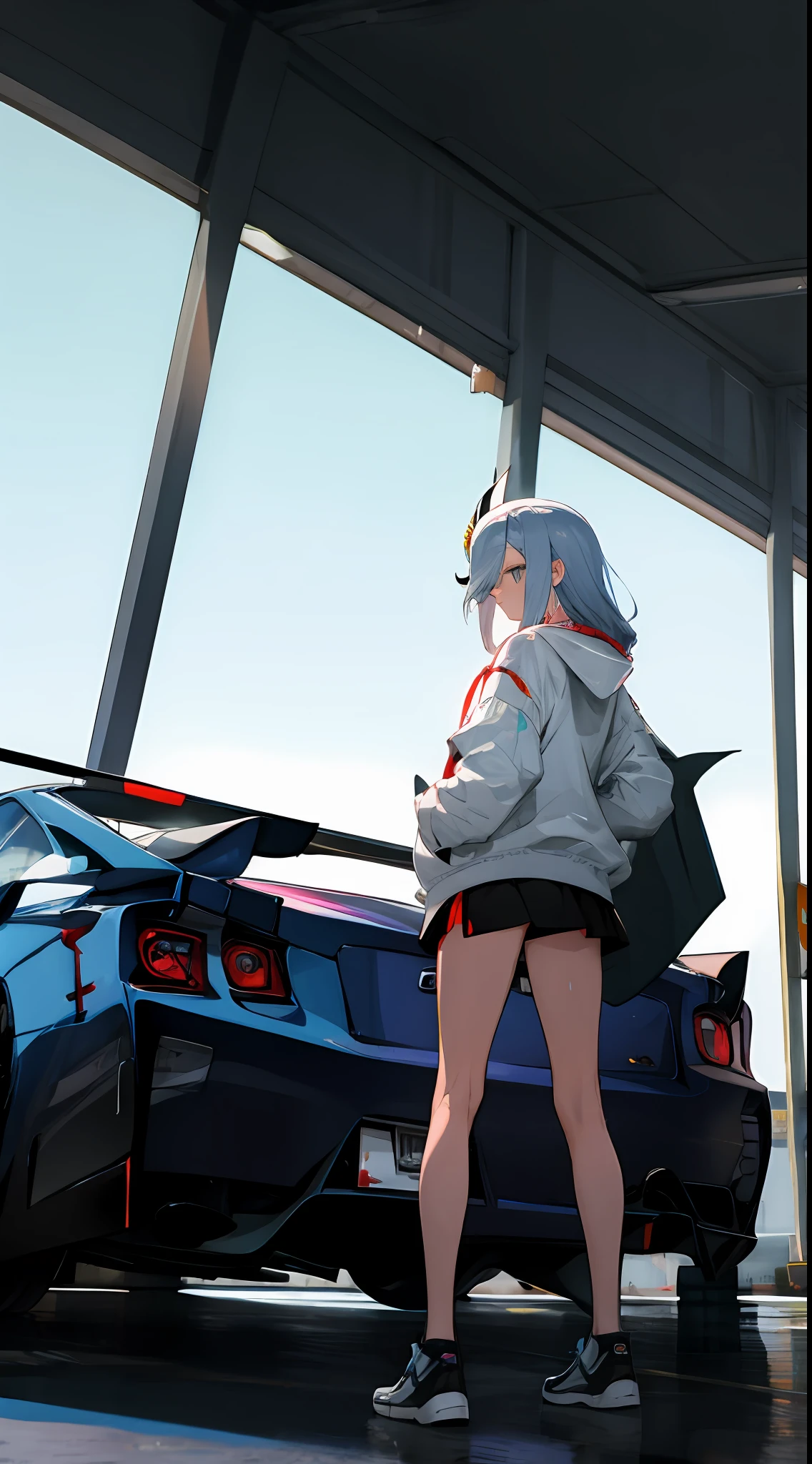 (aesthetic:0), (quality:0), (car:0), shenhedef, [[wrc]], (1girl:0), (boy:0), [[braid]], [[standing]], [[[[nurburgring]]]], white hoodie, short skirt, Nissan Skyline R34 GT-R Z Tune