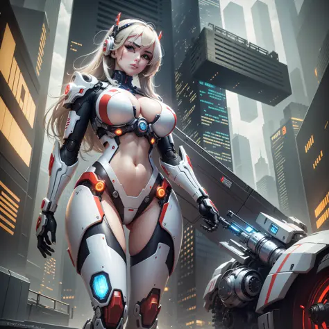 Masterpiece, 20 year old female, full body, blonde with orange hair, futuristic space orange black with tight body suit, slim waist, big breasts and big hips, next to her in the back a futuristic robot with missiles. Focus Face, Masterpiece, Best Quality, ...