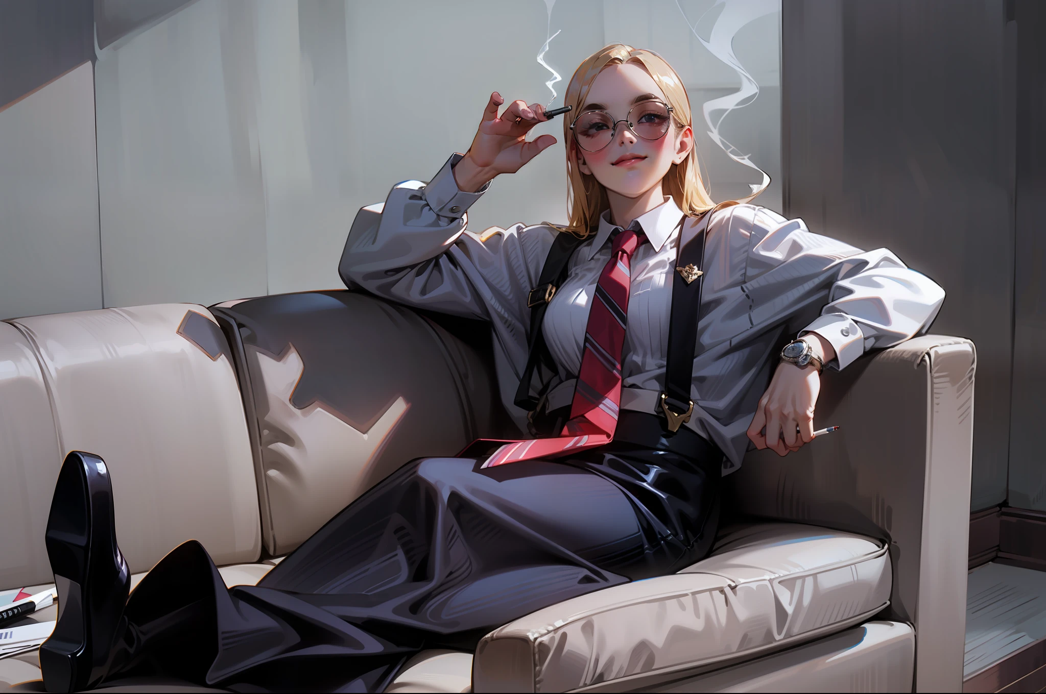 Anime style, Ridiculous, high resolution, super detailed), 1 girl, beautiful, solo, mature, (layback long blonde hair flowing on shoulders with long parted bangs), medium breasts, wide hips, crossed legs, pencil skirt, black leggings, black high heels, sitting on white couch, holding cigarette, placing arm on couch's border, highest detail, smiling with closed mouth, looking front, white background, relaxed eyebrows, shining sunglasses, striped dress shirt with long sleeves, red tie, dark blue suspenders