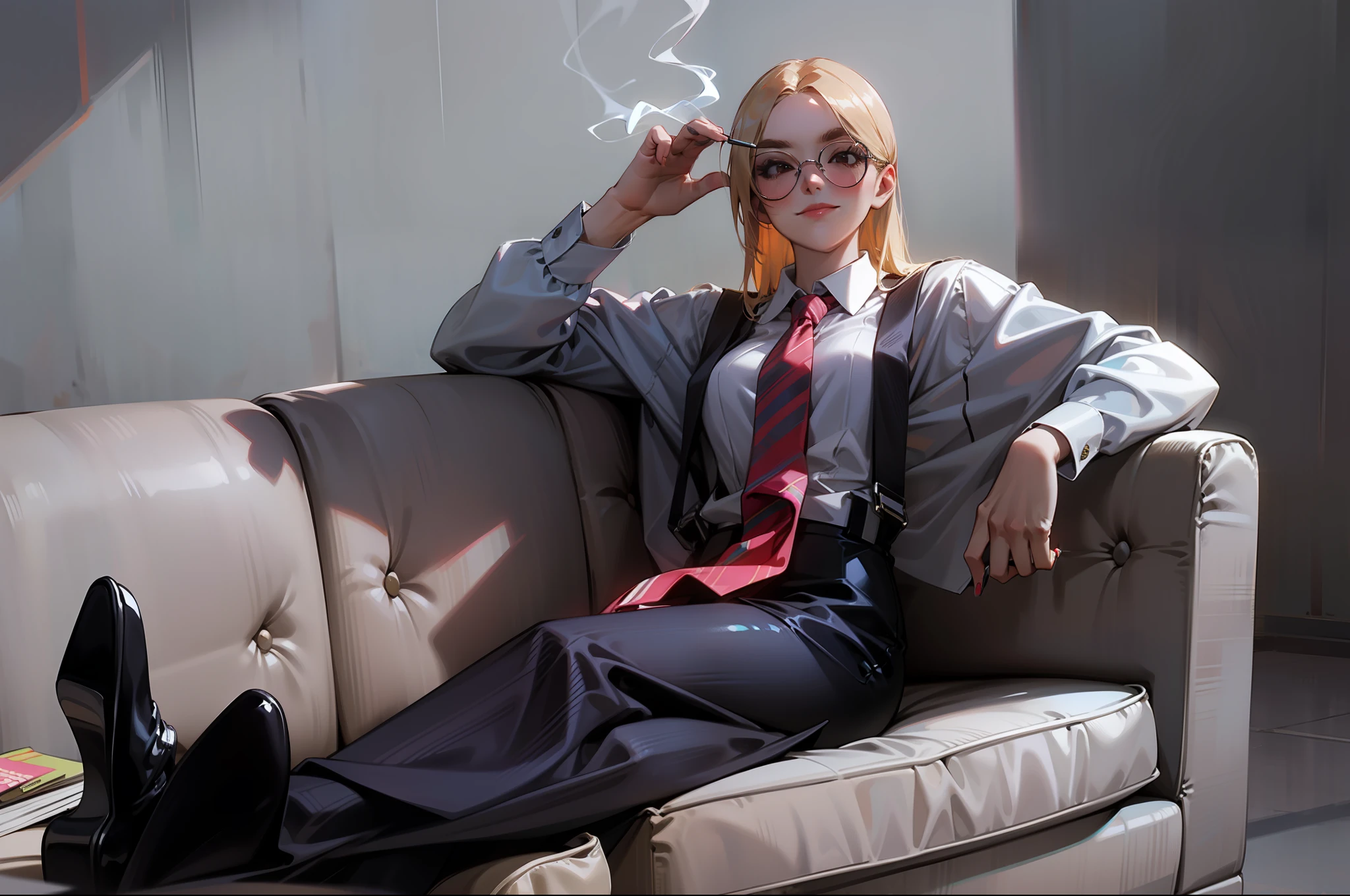 Anime style, Ridiculous, high resolution, super detailed), 1 girl, beautiful, solo, mature, (layback long blonde hair flowing on shoulders with long parted bangs), medium breasts, wide hips, crossed legs, pencil skirt, black leggings, black high heels, sitting on white couch, holding cigarette, placing arm on couch's border, highest detail, smiling with closed mouth, looking front, white background, relaxed eyebrows, shining sunglasses, striped dress shirt with long sleeves, red tie, dark blue suspenders