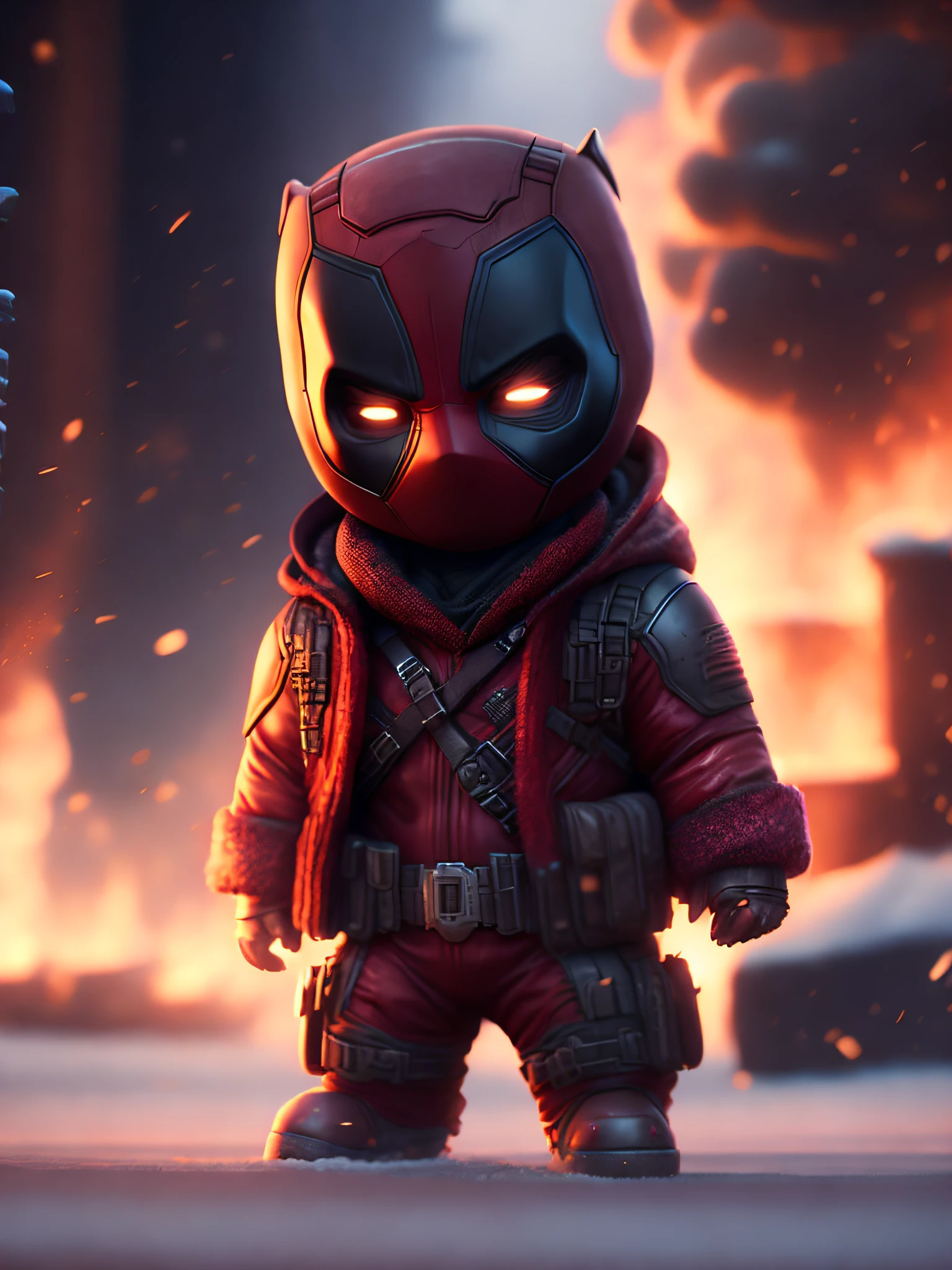 Deadpool in a red suit standing in front of a fire - SeaArt AI