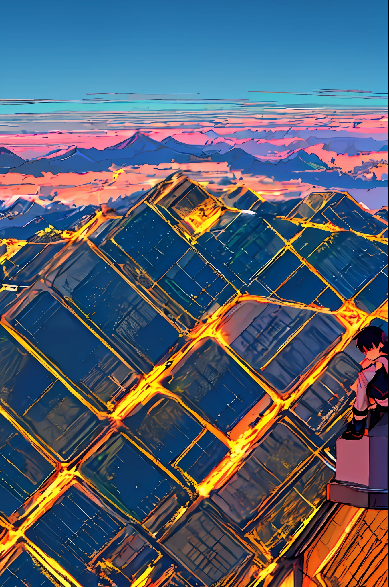 A boy watches from the top of a mountain against a backdrop of countless blue and purple lights flying around while glowing in a fantastic way