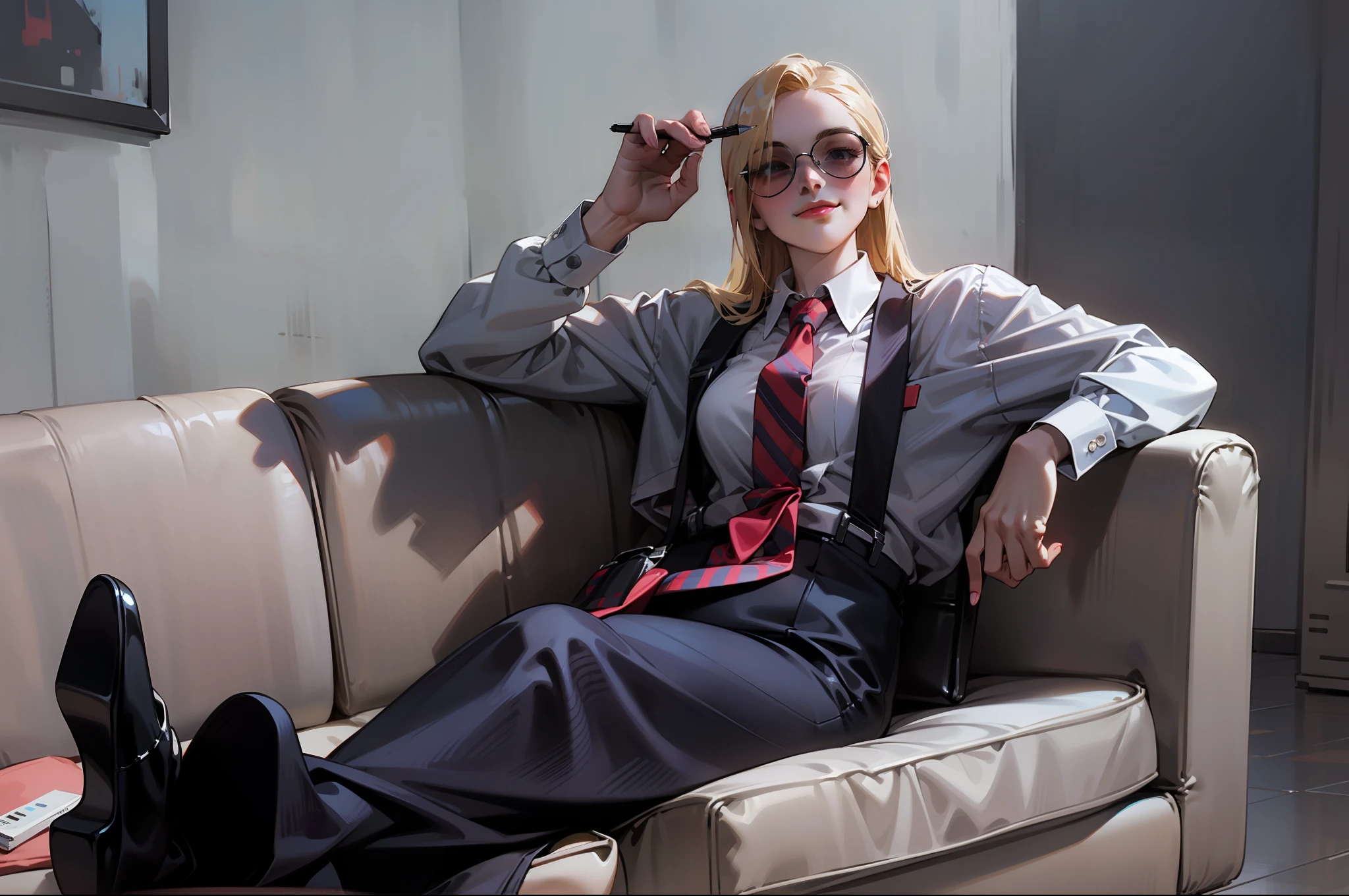 Anime style, Ridiculous, high resolution, super detailed), 1 girl, beautiful, solo, mature, (layback long blonde hair flowing on shoulders with long parted bangs), medium breasts, wide hips, crossed legs, short pencil skirt, black leggings, black high heels, sitting on white couch, holding pencil, placing arm on couch's border, highest detail, smiling with closed mouth, looking front, white background, dark shades sunglasses hiding eyes, relaxed eyebrows, striped dress shirt with long sleeves, red tie, dark blue suspenders