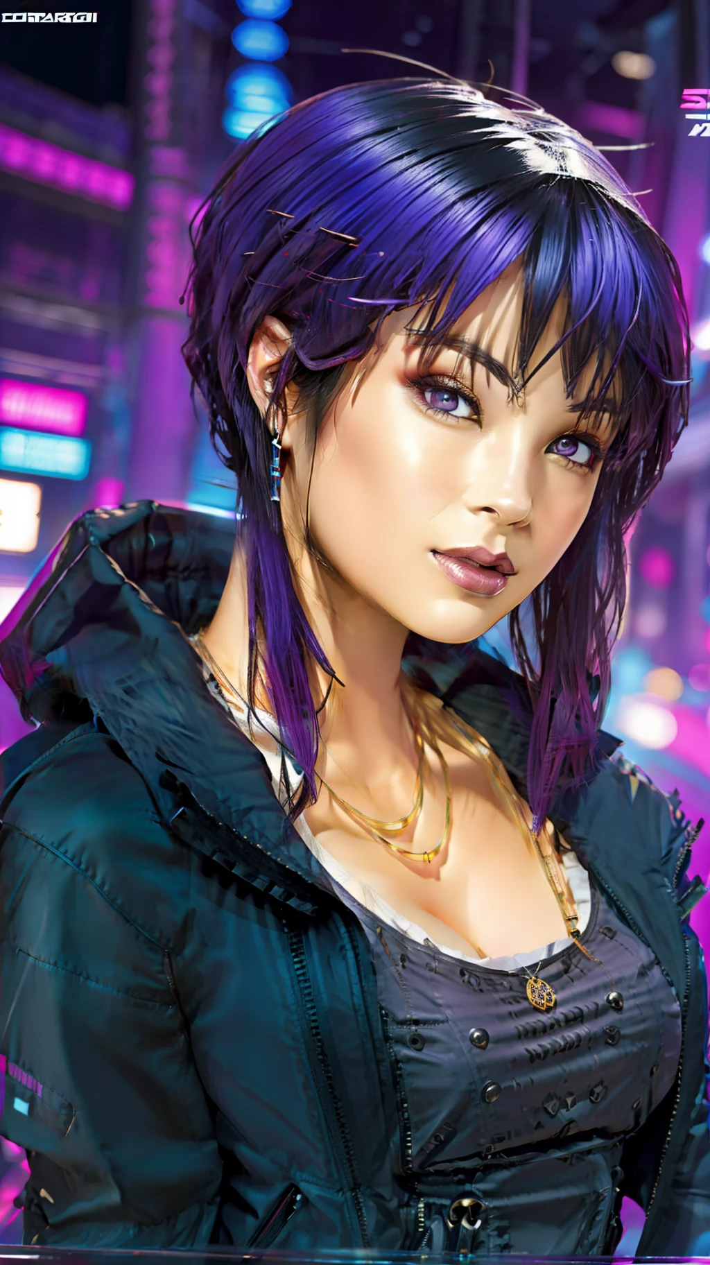 un personaje femenino muy hermoso y tentador, con cabello rubio oscuro, con ojos verdes oscuros, con abrigo de cuero morado escotado,revelador, con pantalones cortos negros provocativos, estilo cyberpunk