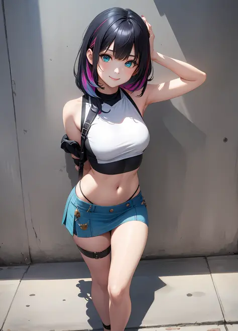 8K、A masterpice, of the best quality, 1girl, 独奏, 20 age old、Cute smile、Erect nipple、croptop, Micro Mini Skirt, chokers, arms behind back, Leaning against the wall, looking the viewer, Strap at thigh, Head tilt, hair multicolored, Aqua Eye, Sunny city、Stand...