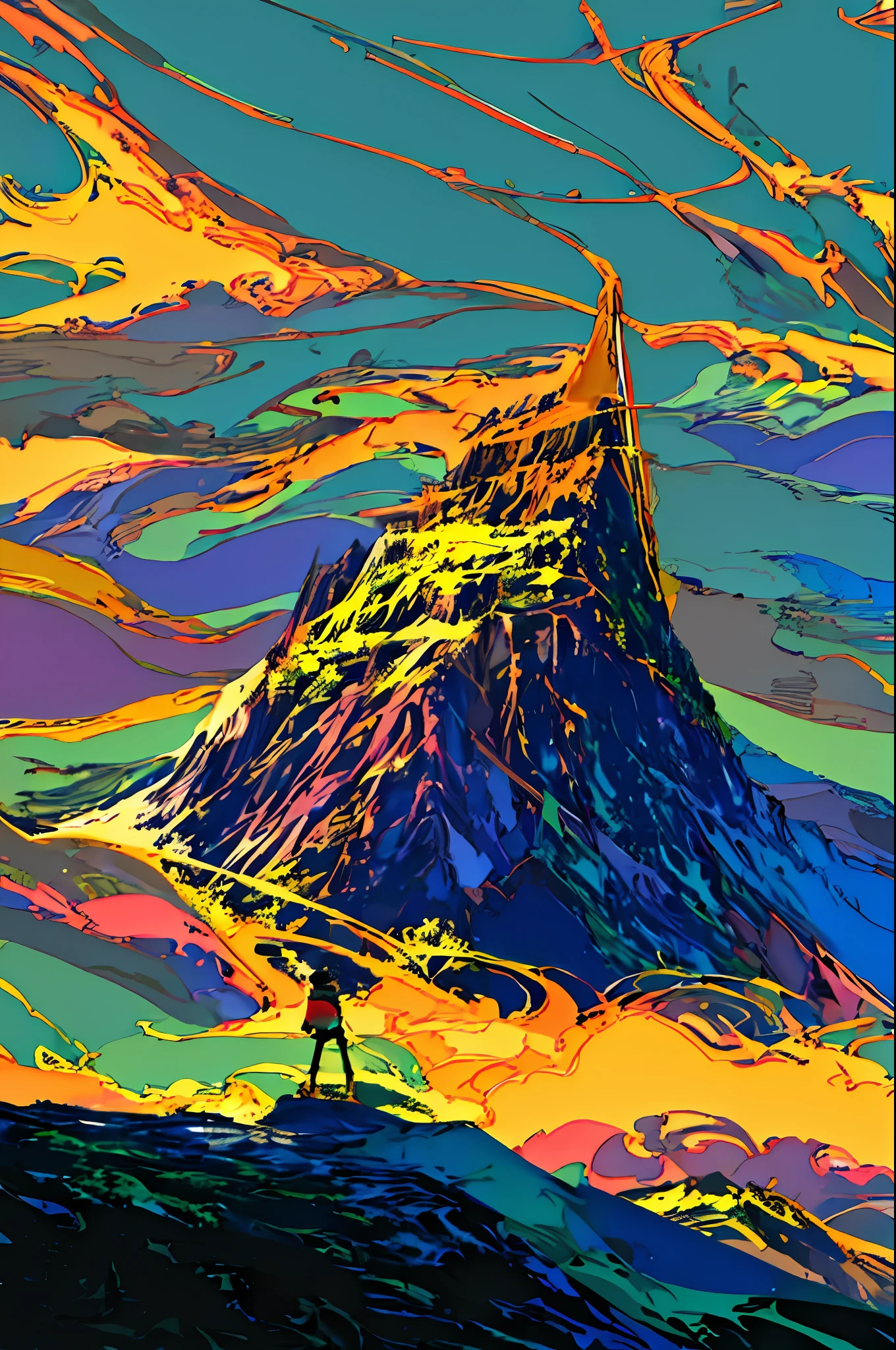 幻想的に光りながら飛び回る無数の青色や紫色系の光を背景に山の頂上から眺めている少年