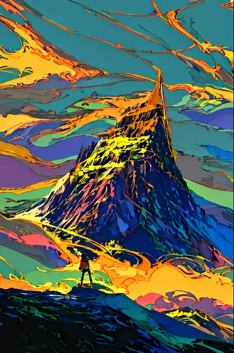 A boy looking at the mountain top against the background of countless blue and purple lights flying around while glowing fantast...