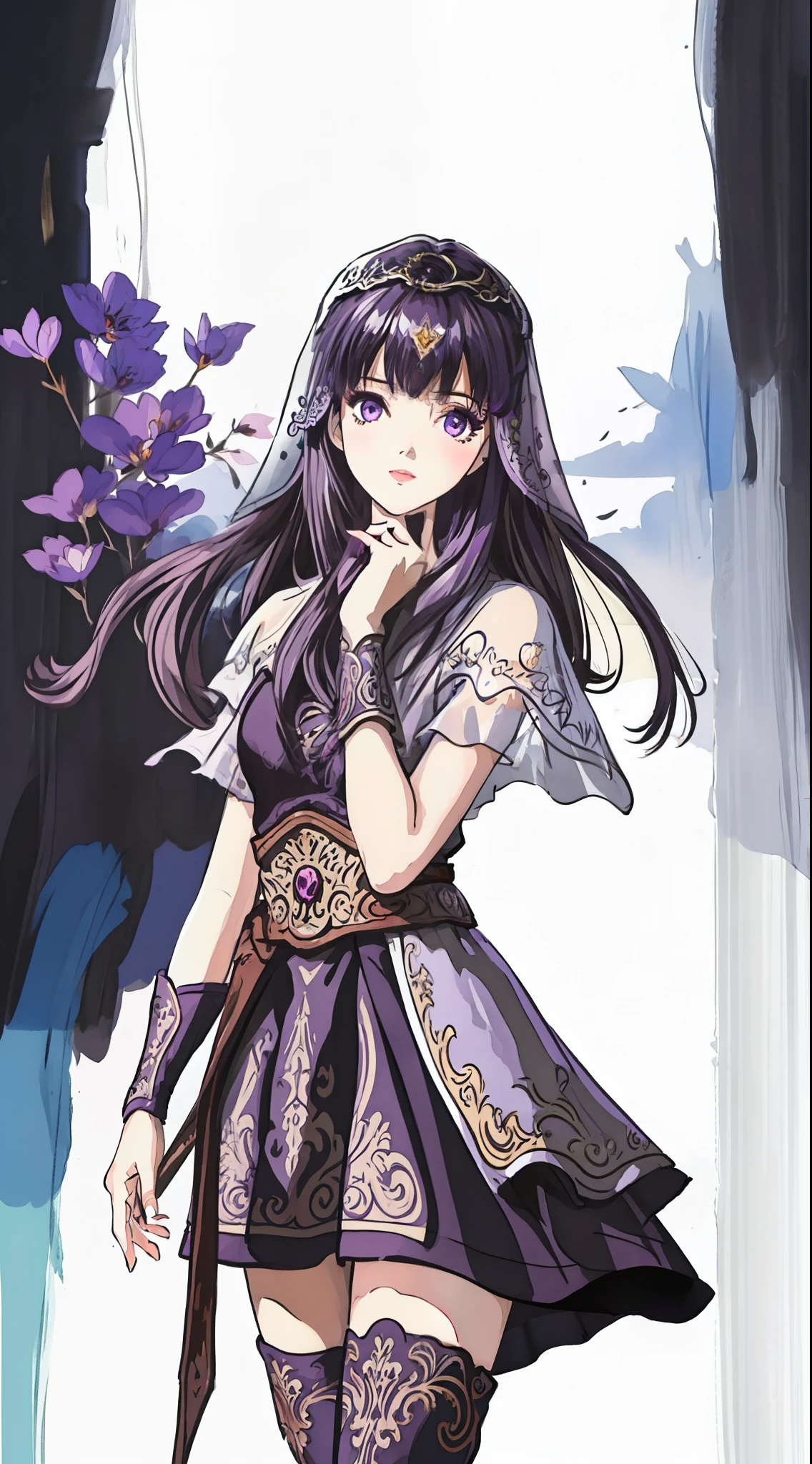 masterpiece, (best quality:1.4), (ultra highres:1.2),4K quality, (delicate illustration:1.4),(8k, RAW photo:1.2),1girl,veil, purple eyes,armor, dress, thighhighs, thigh boots,  cowboy shot,