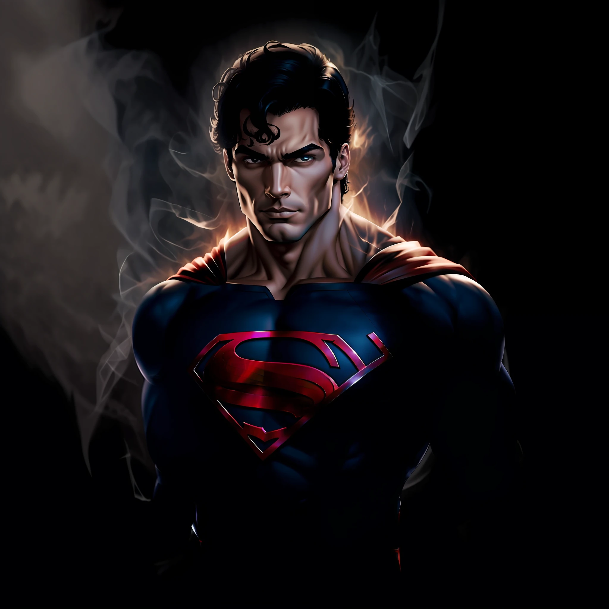 Superman com uniforme da cor preta, seu uniforme é da cor preta, roupa toda preta, Uniforme preto, o símbolo do peito é branco, preto, cor preta