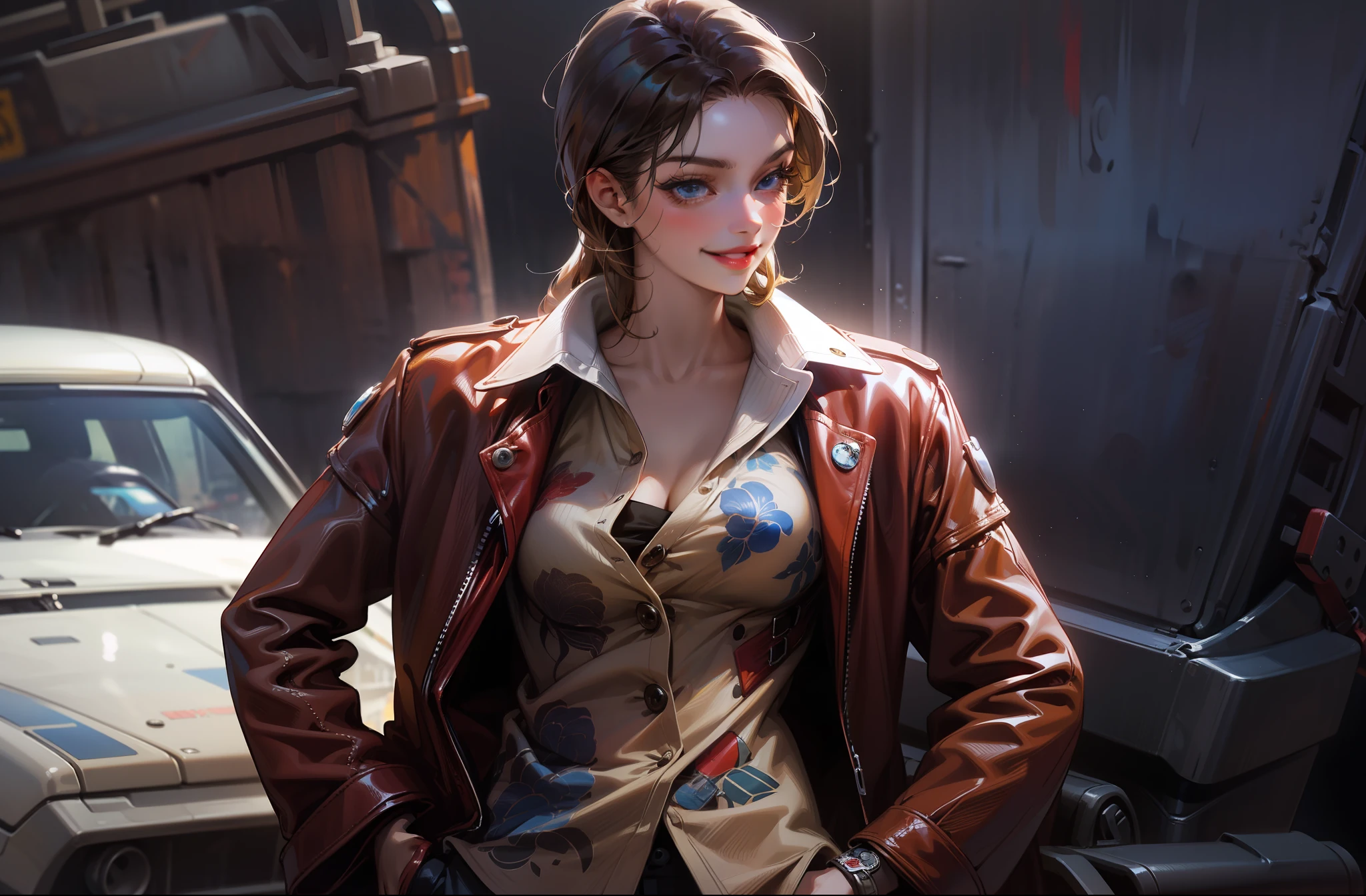 Anime style, Ridiculous, high resolution, super detailed), 1 girl, beautiful, solo, mature, (long messy yellow-ish brunette hair laying on shoulders with side bang), highest detail, smirking, medium breasts, showing teeth, looking forward, dumpster with white car background, dark blue eyes, long eyelashes, red leather jacket, button down summer shirt, hand on pockets