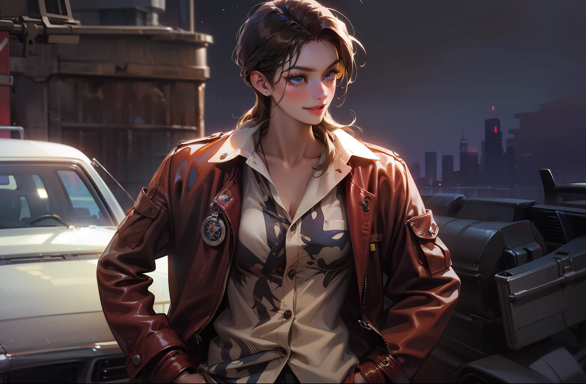 Anime style, Ridiculous, high resolution, super detailed), 1 girl, beautiful, solo, mature, (long messy yellow-ish brunette hair laying on shoulders with side bang), highest detail, smirking, medium breasts, showing teeth, looking forward, dumpster with white car background, dark blue eyes, long eyelashes, red leather jacket, button down summer shirt, hand on pockets, night setting