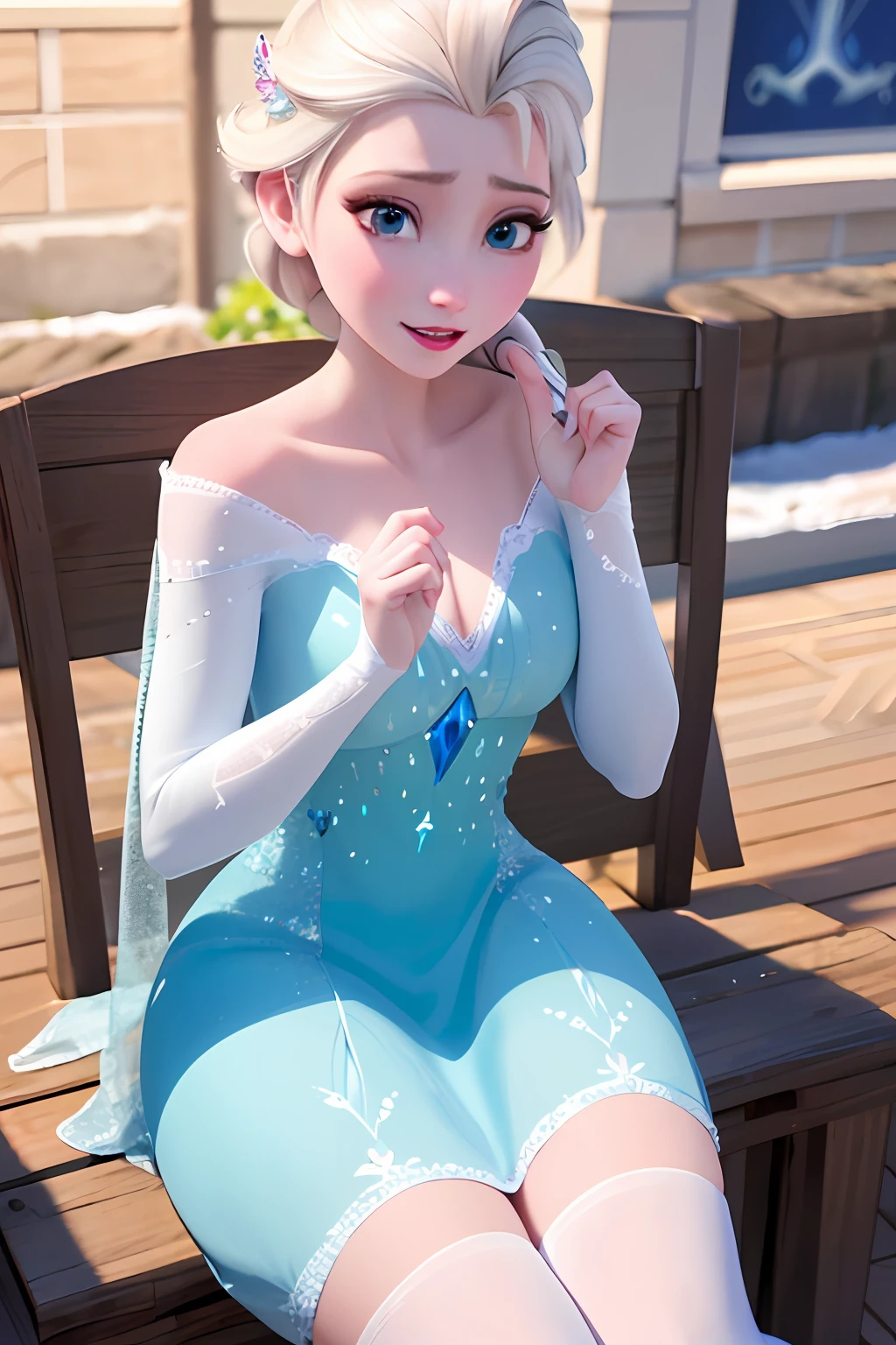(masterpiece:1.4), (best qualit:1.4), (high resolution:1.4), a woman in a blue dress sitting on a snow covered ground, elsa frozen, elsa, elsa from frozen, rule 34, disney render, cgi animated, beautiful elsa, portrait of elsa from frozen, anime barbie in white stockings, belle delphine, disney artist, high definition anime art, frozen ii movie still, better known as amouranth