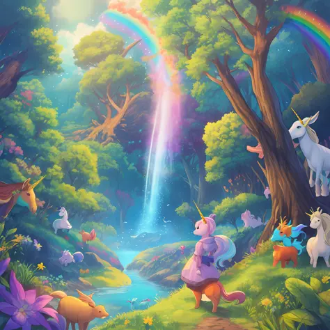 rainbow forest,1 Menina, tree, Natureza, coelho, unicorn, waterfull, standing on her feet, ao ar livre, montanha,