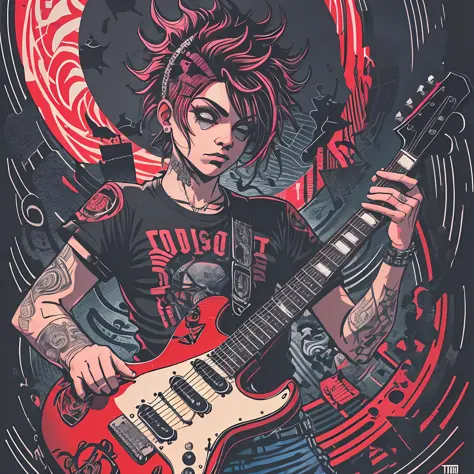 t-shirt art, 2d, ((black background: 1, 5)), vector, vivid colors, guitar punk, punk style, dystopian stage, masterpiece, best q...