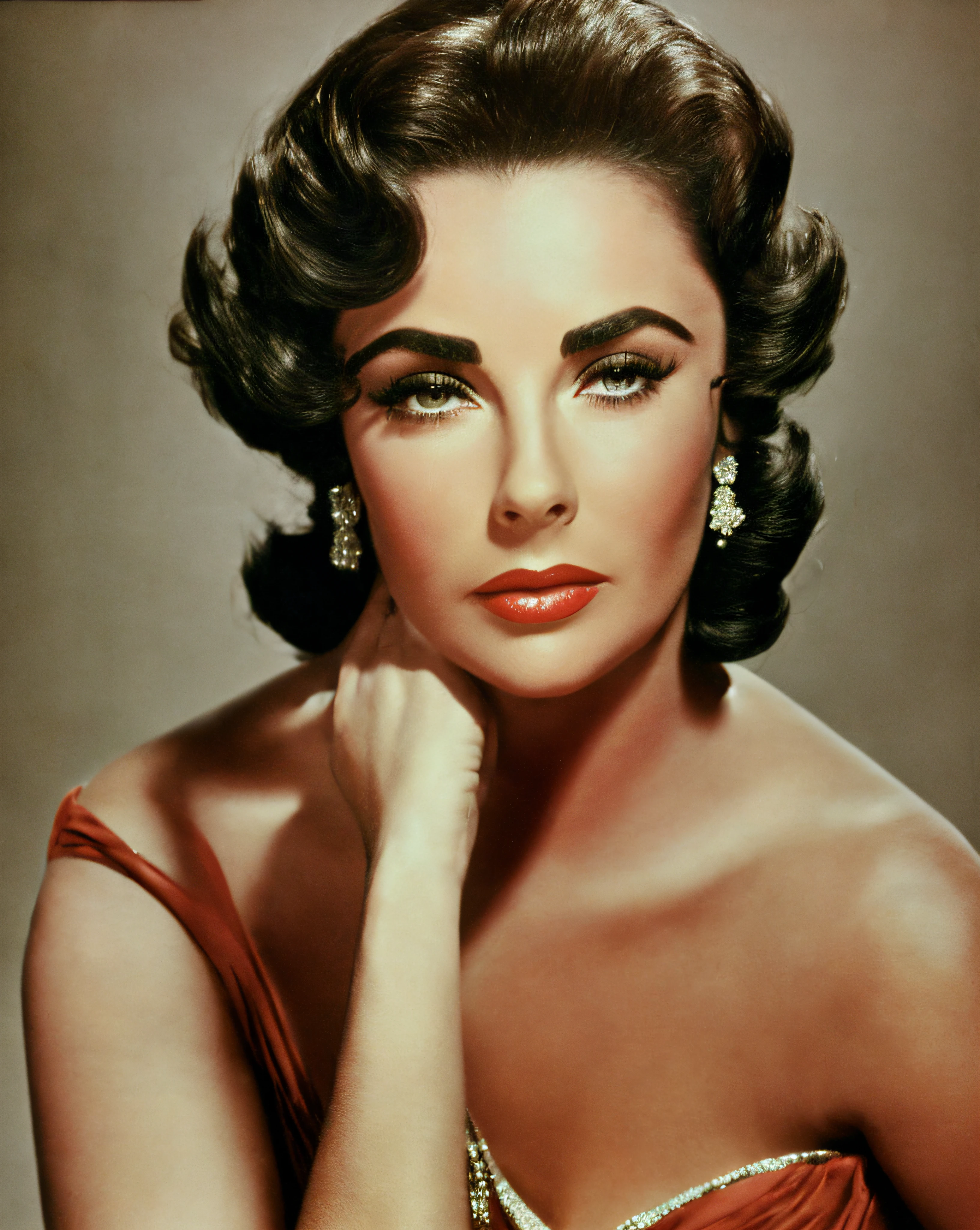 elizabethtaylor Best quality, masterpiece, ultra high res, (photorealistic:1.4), 1girl, a woman in a dress posing for a picture with her hand on her chin