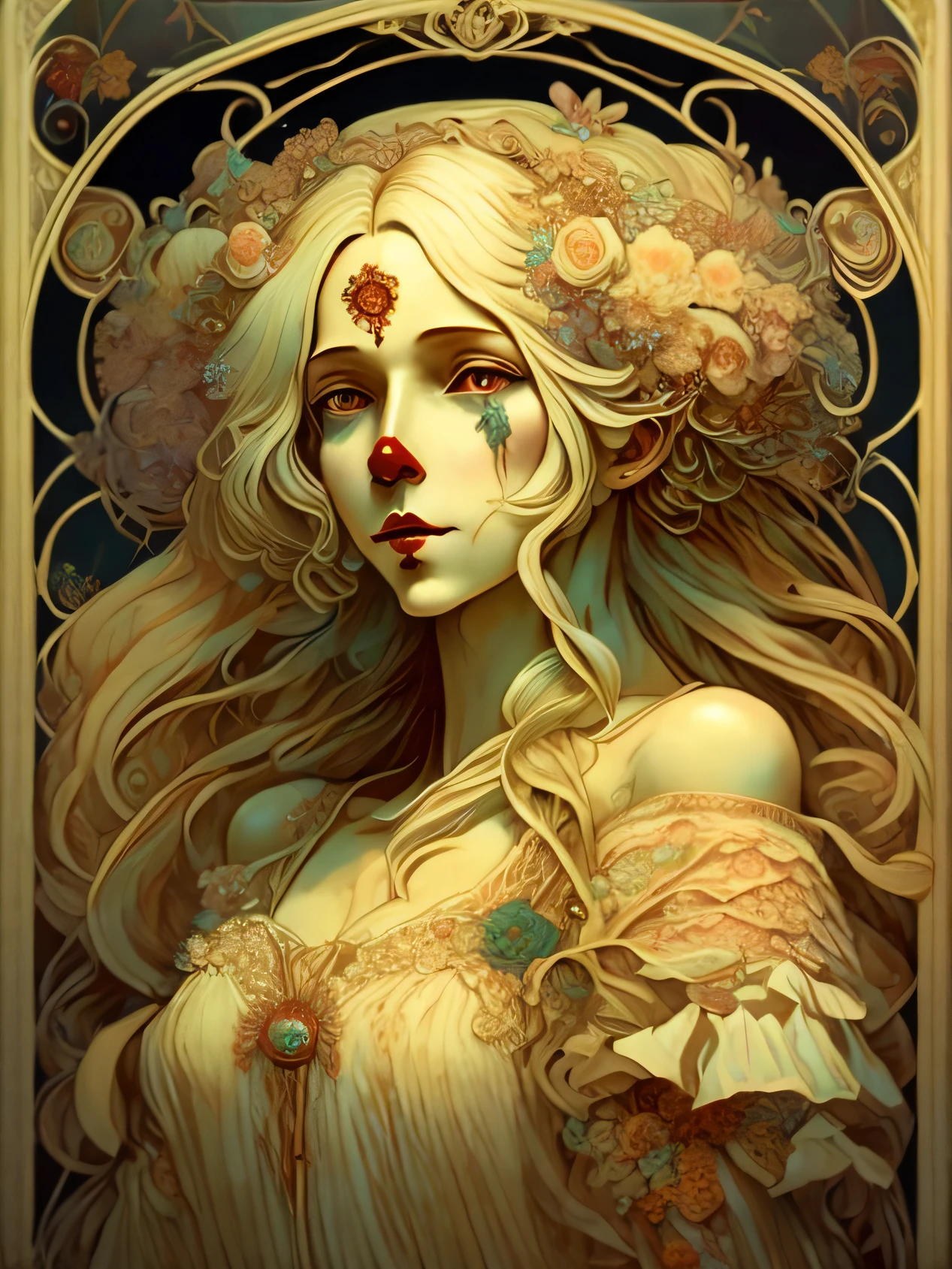 the enigmatic serial killer only known as (Art the Clown) with long white hair and flowers in her hair is standing in front of a floral background by Alphonse Mucha