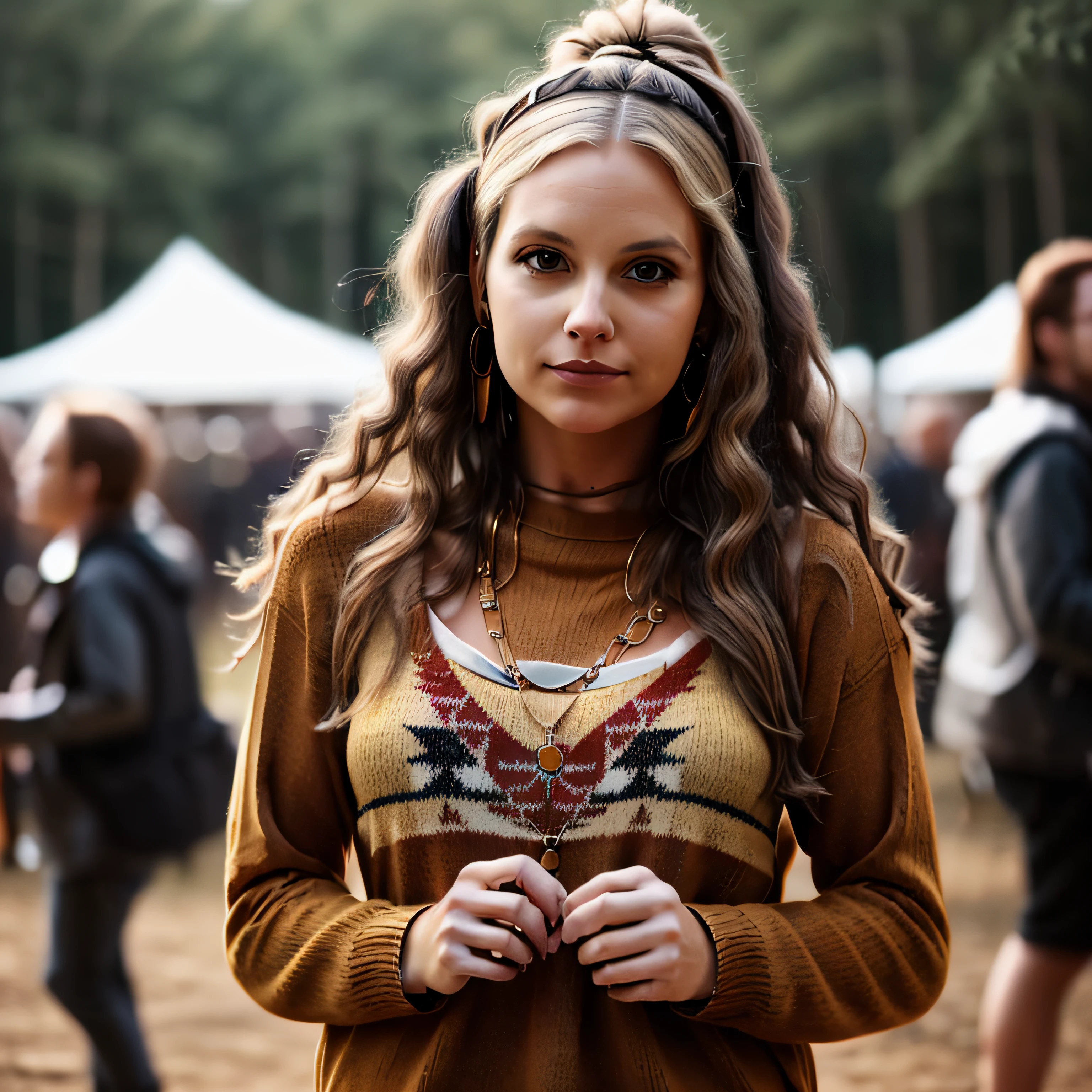 weiße Hippie-Frau beim Musikfestival, Dämmerung, Wald, Pullover