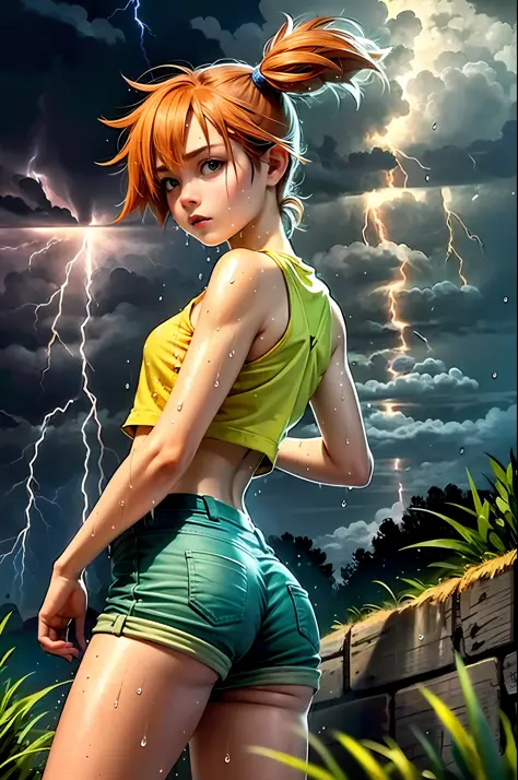 beautiful, realistic, 8k, masterpiece, best quality, extremely detailed face, perfect lighting, 1girl, solo, green eyes, yellow shirt, crop top, suspender shorts, from behind, cowboy shot, wet, outdoors, raining, night, moonlight , (((lightning)))