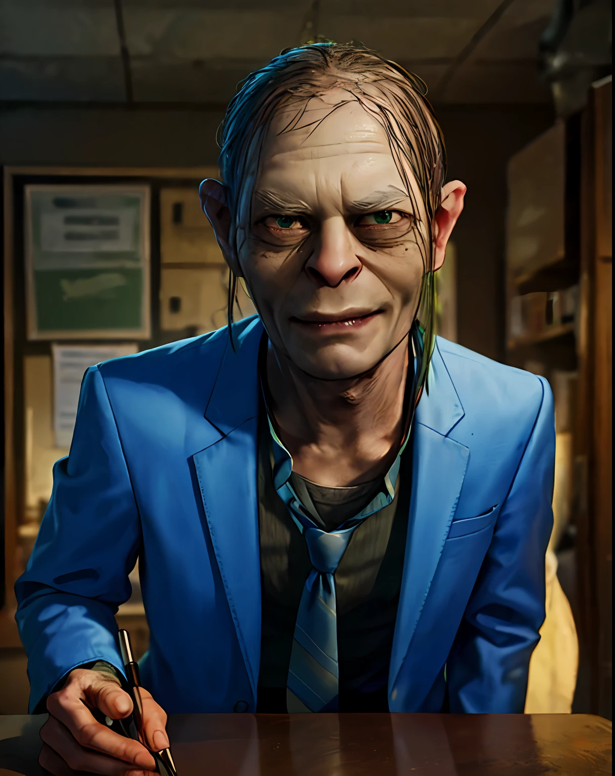 masterpiece, best quality, detailed, smeagol, a man with a weird face and a weird haircut is signing a contract at his desk, (thin:1.2), jacket suit, tie, detailed face, looking at viewer, (upper body:1.4)