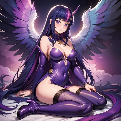 Twilight Sparkle, Twilight Sparkle from My Little Pony, Twilight Sparkle in the form of a girl, long hair, lush hair, not human, purple boots, full-length, purple wings, big angel wings purple, purple magic, a lot of magic, star nets, best quality, very de...