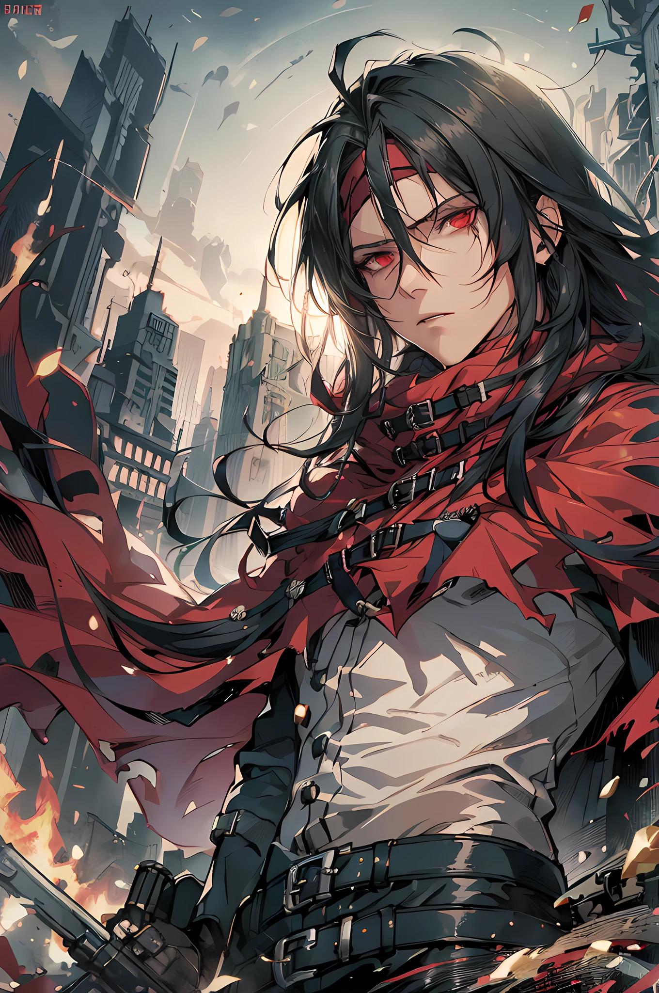 (absurdres, highres, ultra detailed, HDR), masterpiece, best quality, VincentValentine, 1boy, solo, handsome, long black hair, red eyes, red cloak, red headband, finely eye and detailed face, dark background, machine gun, surrounded by bullet, dynamic pose, action pose, from side, from below, look down