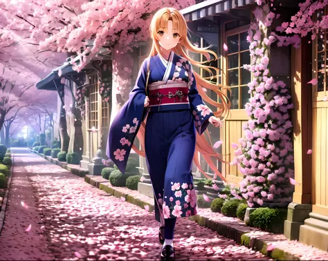 full frame, full body, detailed and detailed Russian girl, unusually beautiful with a long light blond braid of hair, age 16, walks along the alley with cherry blossoms in kimono and gane shoes, detailed and detailed kimono color dark blue brocade with app...