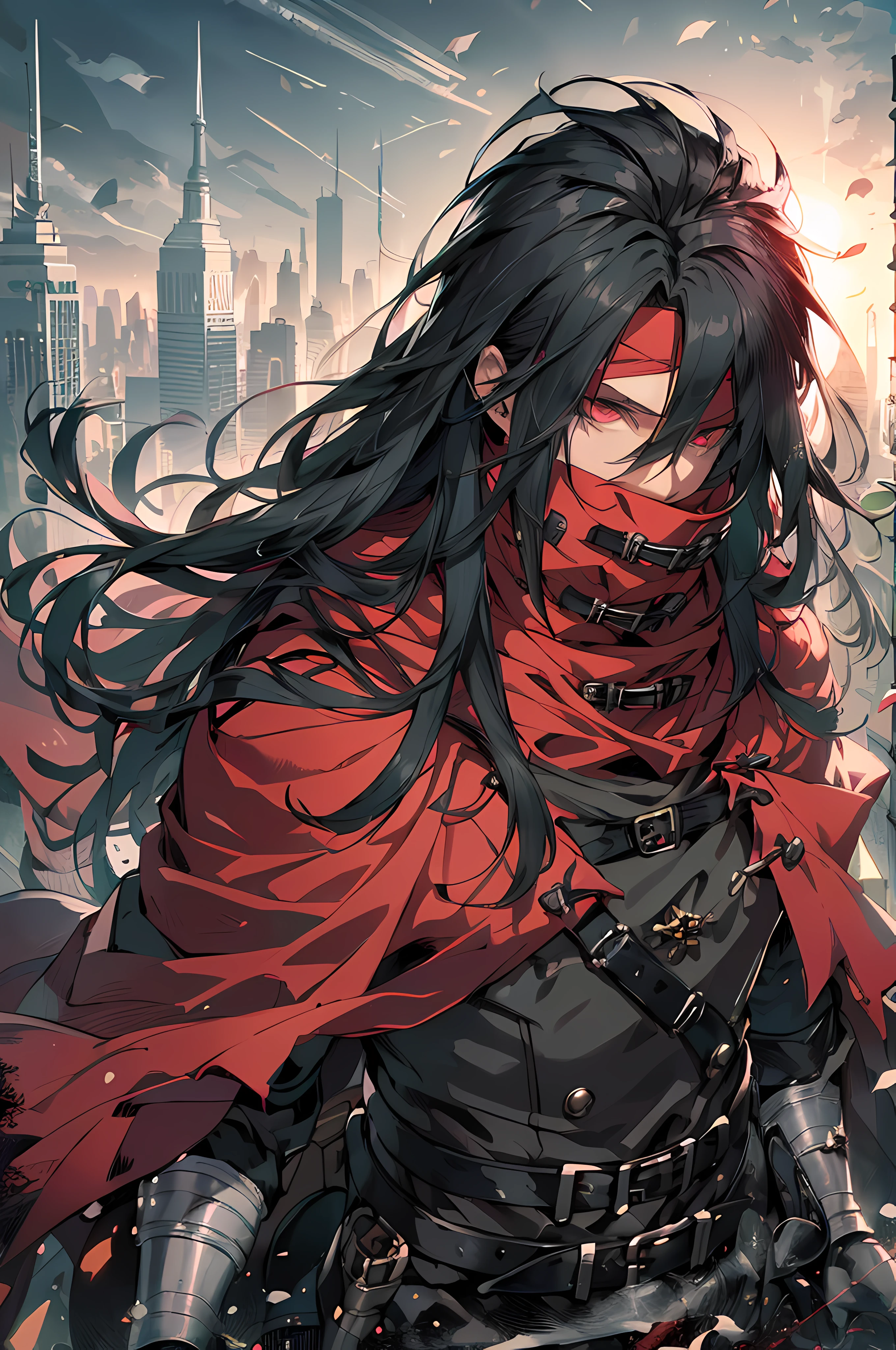 (absurdres, highres, ultra detailed, HDR), masterpiece, best quality, VincentValentine, 1man, solo, handsome,  long black hair, red eyes, red cloak, red headband, covered mouth, high collar, dark background, machine gun, surrounded by bullet, from above, dynamic pose