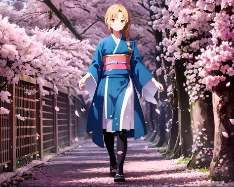 full frame, full body, detailed and detailed Russian girl, unusually beautiful with a long light blond braid of hair, age 16, walks along the alley with cherry blossoms in kimono and gane shoes, detailed and detailed kimono color dark blue brocade with app...