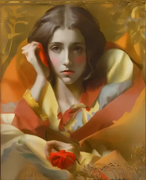 pintura de uma mulher com cabelo longo e um vestido vermelho, ary scheffer, portrait of a melancholic woman, inspirado em Friedr...