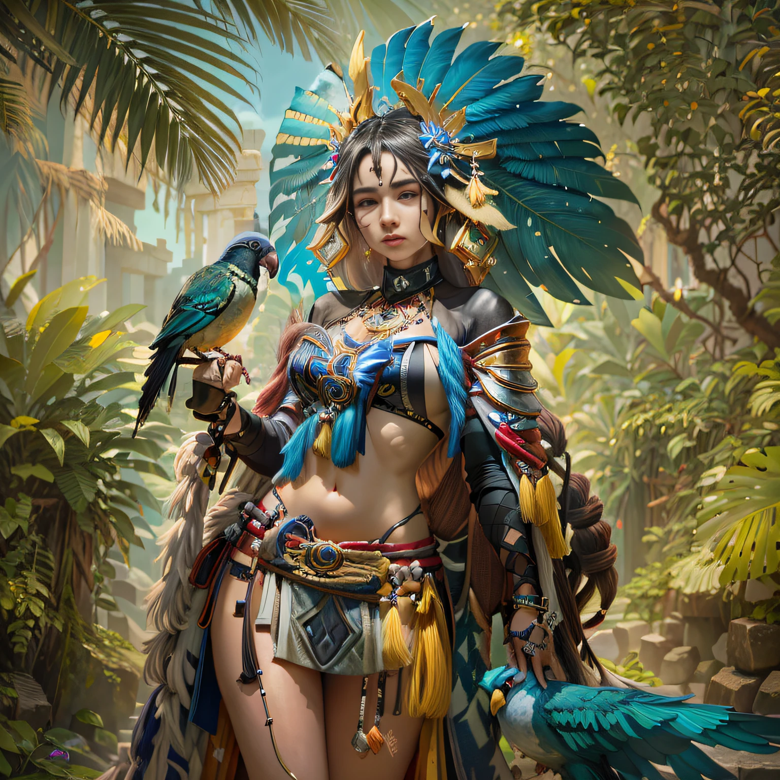 there is a woman in a costume with a parrot and a bird, Epic, Retrato da princesa asteca, pele escura deusa feminina do amor, Deusa guerreira asteca, Rainha asteca, epic 3d, she is dressed in shaman clothes, avian warrior. amazon queen, Xavante India, olhos claros, piercing no umbigo, Heterocromia, ninfeta, barriga bonita, belly button piercing. pele escura, brunette