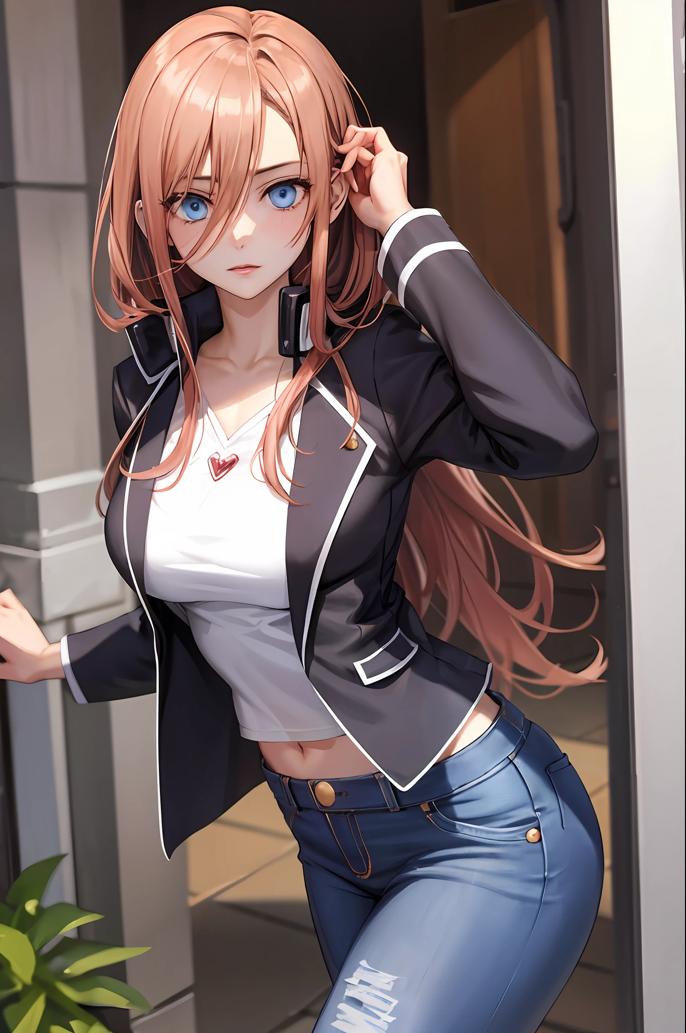 melhor qualidade, obra-prima, nice hands, perfect hands, ,Asuna ((Arte de Espada Online)), peitos grandes, bunda grande, anime, jeans glued, blusa vermelha colada, rosto detalhado,flawless eyes,corando, hand on chest,standing on, sexy, Erotic