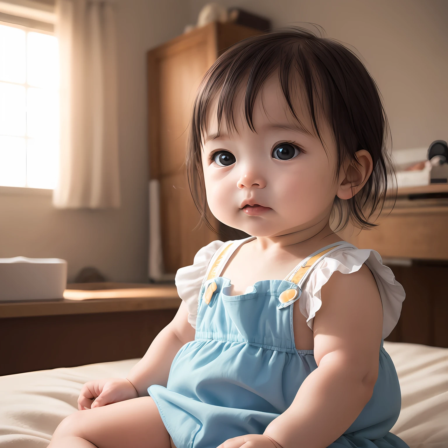 six-month-old baby, close-up, looking at the camera, in the back room lit by the sun and out of focus!, clear and bright image --auto