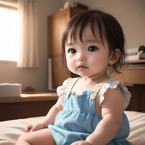 six-month-old baby, close-up, looking at the camera, in the back room lit by the sun and out of focus!, clear and bright image -...