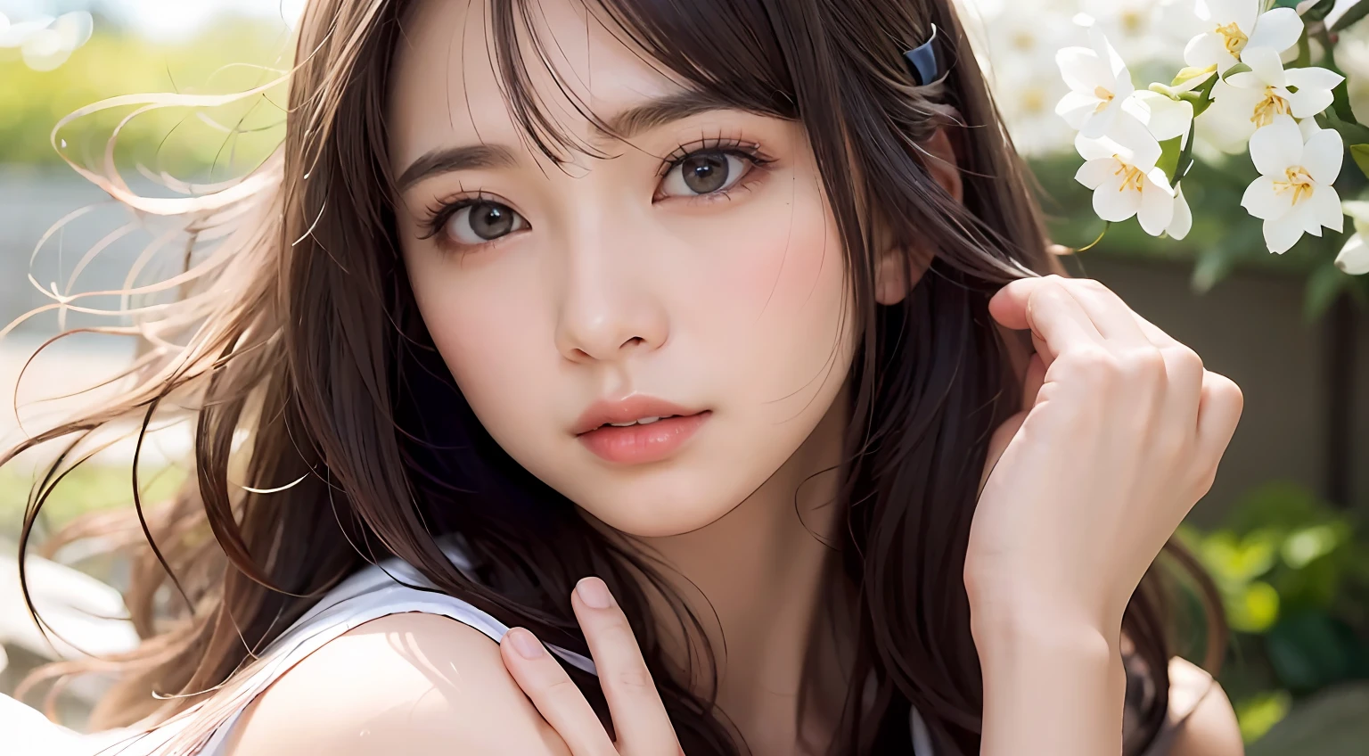 of the best quality、White Skin Skin、Real human skin、（Detailed）、oval-face、pores、UltraHighResolution、（8K、Raw photography、photorealestic：1.4）、女の子1人、Slimed、（A person who sees with calm and goddess-like eyes）Happiness:1.2)、(lipgloss、ceyelashes、Gloss Face、of the best quality、UltraHighResolution、Wide range of lighting、Natural Shading)、blanche、Glossy、sakura flower、Kenrokuen Garden