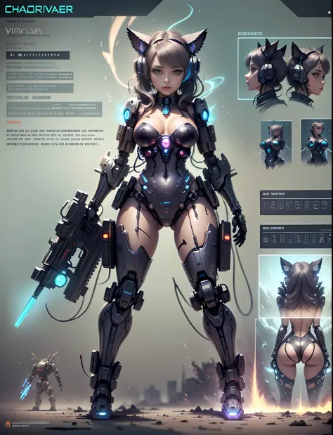 (((Character sheet))), full body photo of Reika Shimohira as a Nekomata catgirl in a cat suit with a gun, (((front and back view))), diagrams, digital cyberpunk - anime art, digital cyberpunk anime art, cyberpunk anime girl mech, fully robotic!! catgirl, d...