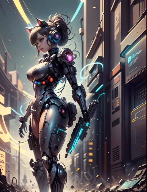 (((Character sheet))), full body photo of Reika Shimohira as a Nekomata catgirl in a cat suit with a gun, (((front and back view))), diagrams, digital cyberpunk - anime art, digital cyberpunk anime art, cyberpunk anime girl mech, fully robotic!! catgirl, d...