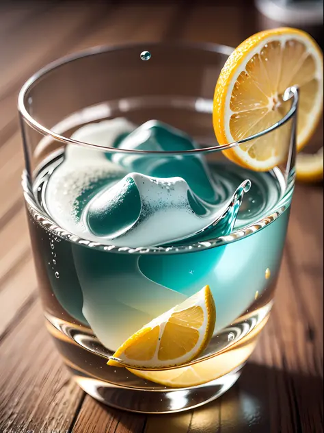 splashes of water in a glass of gin with lemon , fotorrealista, fotorrealismo, amazing food photography, fotografia de comida 4k, fotografia de comida 4k, fotografia de alta velocidade, slow motion, fotografia de ultra alta velocidade, fotografia de comida...