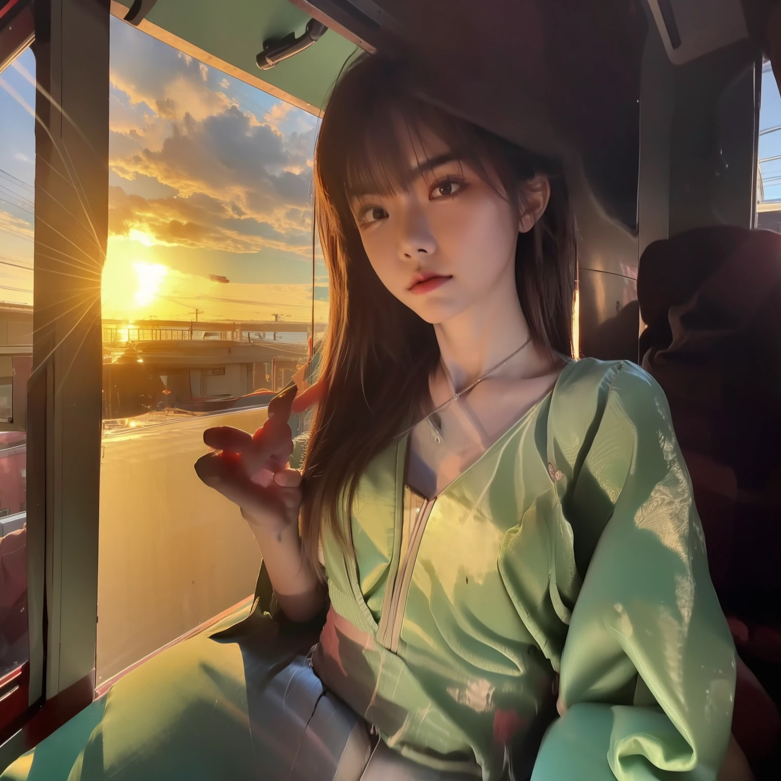 There is half body of intelligent Japan teenage woman illuminated by the light of the setting sun、With a neat hairstyle、Only half of her face is visible、small 、High-quality photos、It has a sophisticated atmosphere.、View from the window of a moving train、no-makeup、Young Japan female traveler in、I have a white Apple pencil in my hand、There is a reflected light of the sunset、of the best quality, Realstic, photorealestic, of the best quality, A masterpice, an extremely delicate and beautiful, extremly detailed, Super Detail, high resolucion, extremly detailed, Realstic, super highly detailed, of the best quality, super highly detailed, High-quality textures