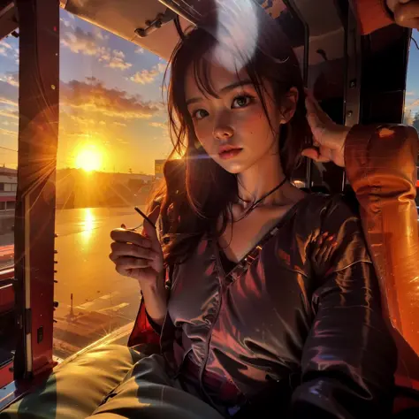 There is half body of intelligent Japan teenage woman illuminated by the light of the setting sun、With a neat hairstyle、Only hal...