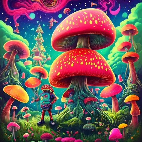 a colorful illustration of a mushroom wearing a jumpsuit standing in a garden with a guitar on its back, psychedelic mushrooms d...