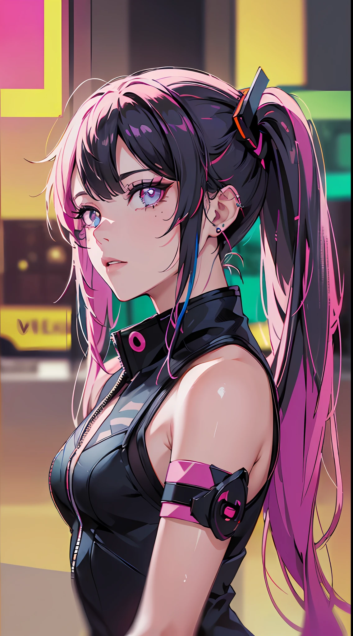 (Masterpiece artwork, best qualityer, natta, pink  hair, long hair, twintails, 8k, absurdres,  pretty, cyberpunk, cyber goth, (cyberpunk, fluorescence pink accent, linhas rosa Ablazes em jaqueta curta: 1.4), neon, bracelets and choker, (Ablaze, sheen, movie grain, chromatic aberration:2), (asian shopping district, Street, buildings, sky scraper: 1.2), make-up, (cyan earrings: 1.3), sharp-focus, darkness background,  perspective, Depth of field, (very small mechanical device, Raby, HDR, facelight, sharp-focus, dynamic lighting, cinematiclighting, professional shadow, extremely detaild, fine-details, realskin: 0,8), (detailedeyes, sharp pupils, realistic pupils, darkness background: 0,6), (glitch effect: 0,7), yellow pupils
