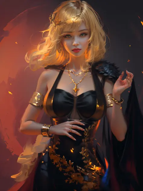 blond haired woman in a black dress with a gold chain around her neck, wlop art, art of wlop, deviantart artstation cgscosiety, ...