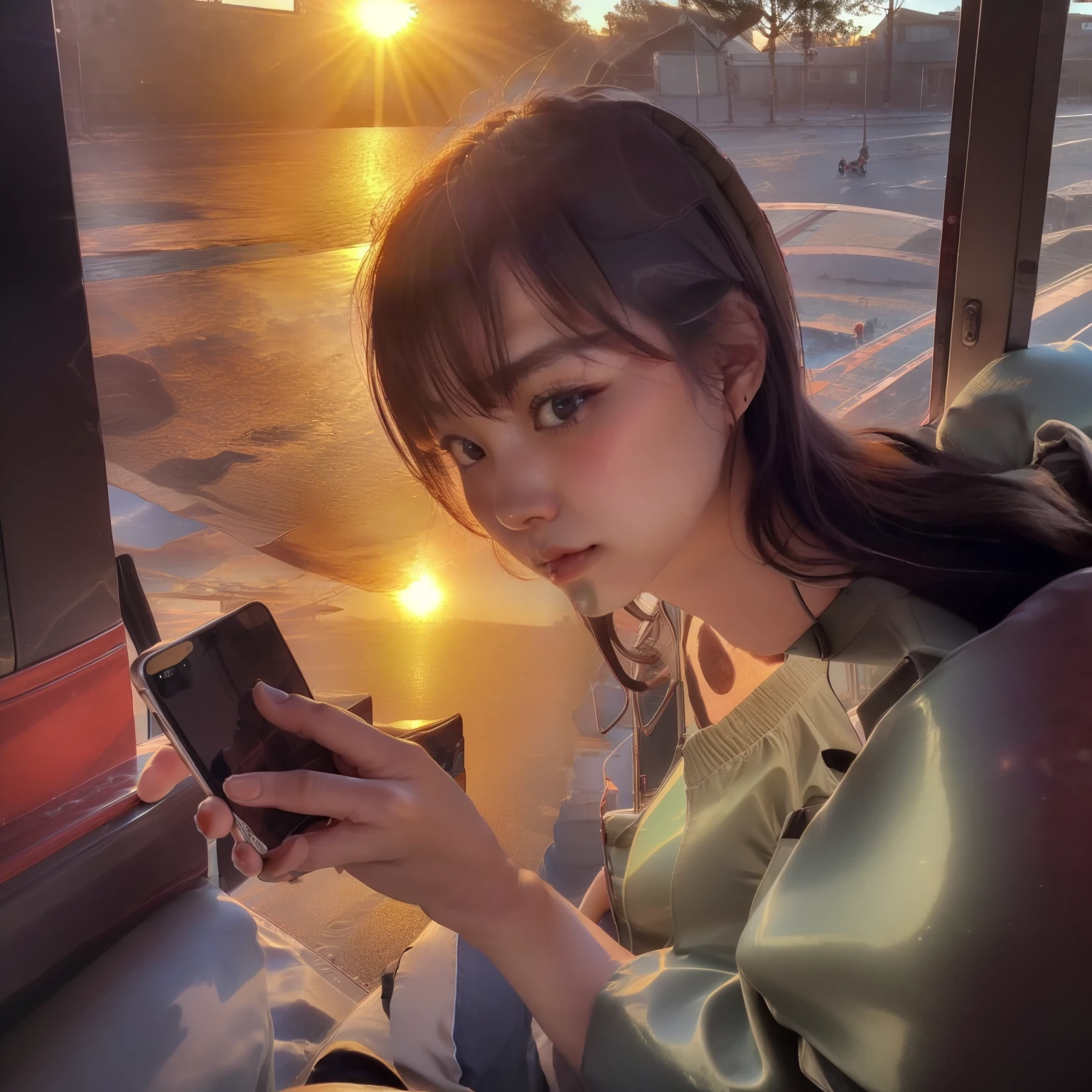 Intelligent Japan Teenage Woman、With a neat hairstyle、small 、High-quality photos、It has a sophisticated atmosphere.、View from the window of a moving train、no-makeup、Young Japan female traveler in、I have a white Apple pencil in my hand、There is a reflected light of the sunset、of the best quality, Realstic, photorealestic, of the best quality, A masterpice, an extremely delicate and beautiful, extremly detailed, Super Detail, high resolucion, extremly detailed, Realstic, super highly detailed, of the best quality, super highly detailed, High-quality textures