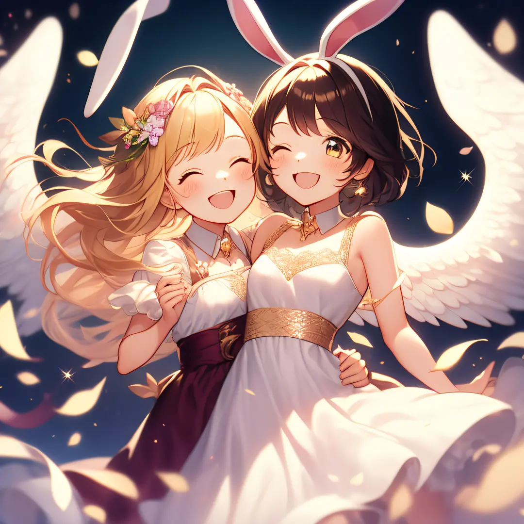 cute art、shoujo manga style、an angel、rabbit ears、long dresses、beatiful smiling face、cute clothes、happy、overflowing with joy、shin...