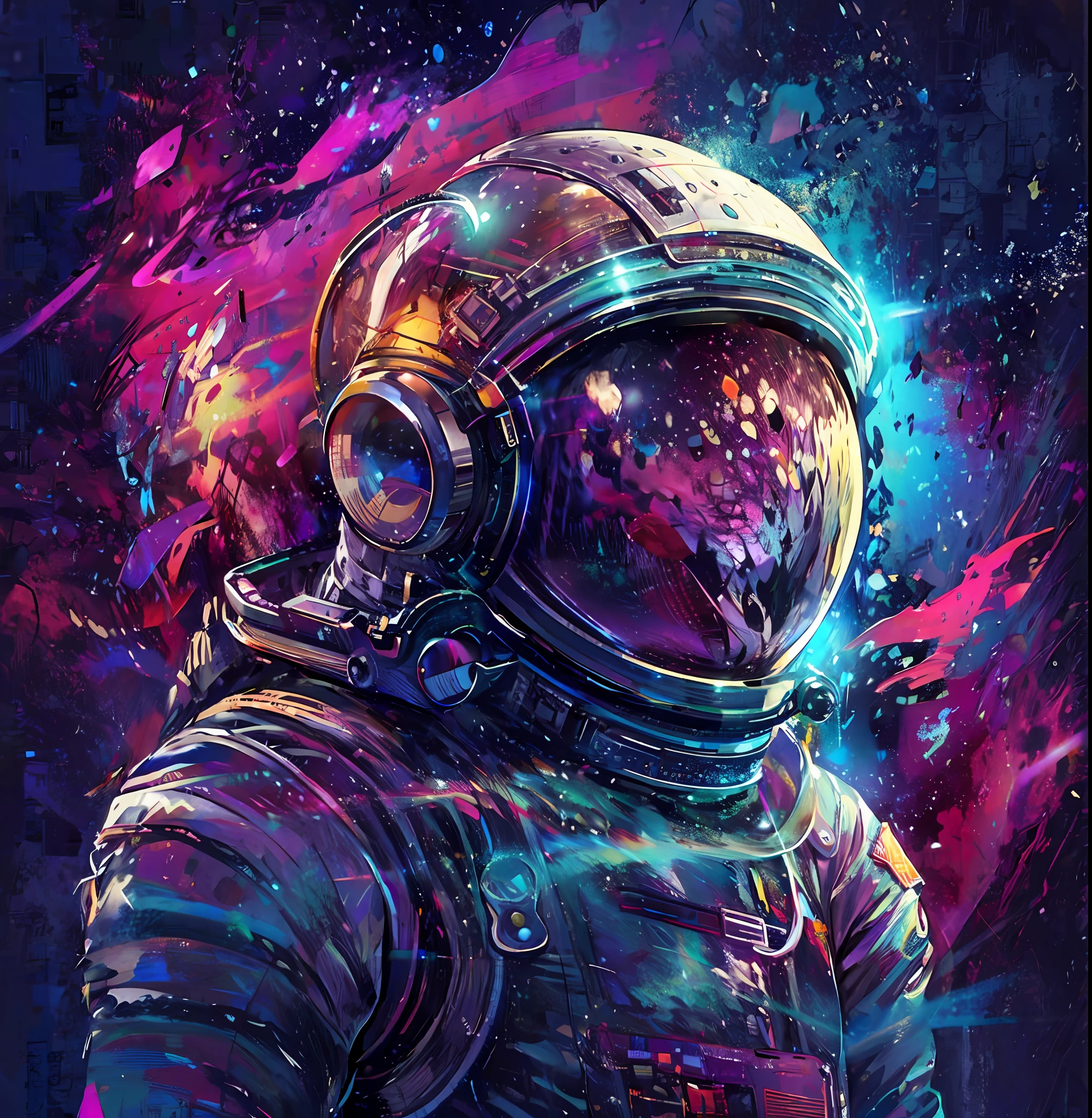 um close up de uma pessoa em um traje espacial com um fundo colorido, cores do espaço, astronauta solitário, astronauta, arte espacial, cósmico e colorido, cosmonauta, Retrato de um astronautaa, astronautaa detalhado, cores cósmicas, papel de parede incrível, em traje espacial, só uma piada, no espaço, cheio de cores e detalhes ricos, Retrato do astronautaa, astronauta futurista