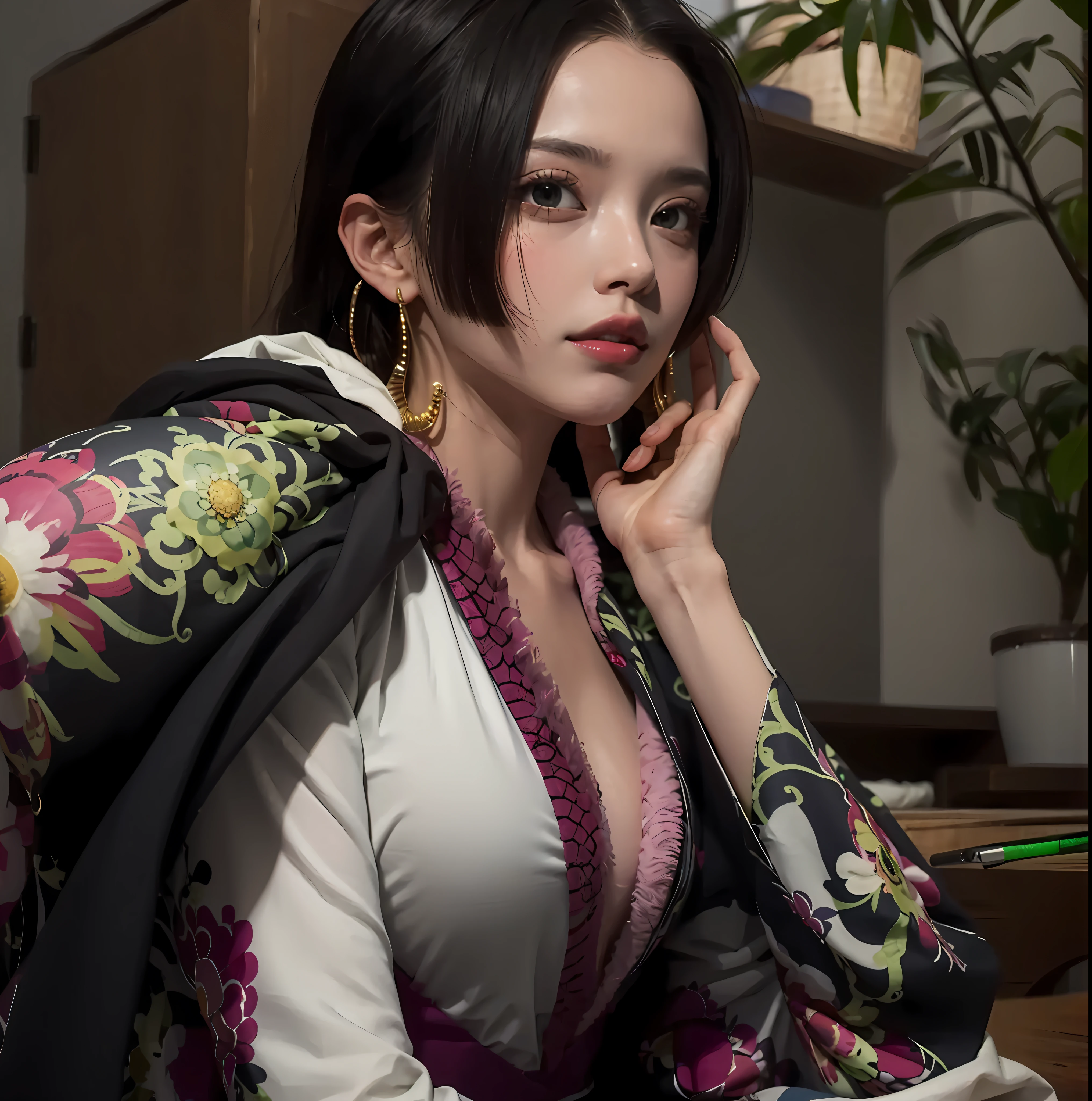 Masterpiece, best qualityer, Cao Cao, Hancock1, 1, boa hancock, breasts big, long  hair, crop-top, Sideslit, cowboy shot, (breasts small:1.1), Externally expanded Chest), ((((purple torn clothes)))), ​masterpiece, tall quality, gorgeous  woman, sexly, purple outfit, ((usando purple outfit)), ((Boa Hancock MarinaFord Arc))