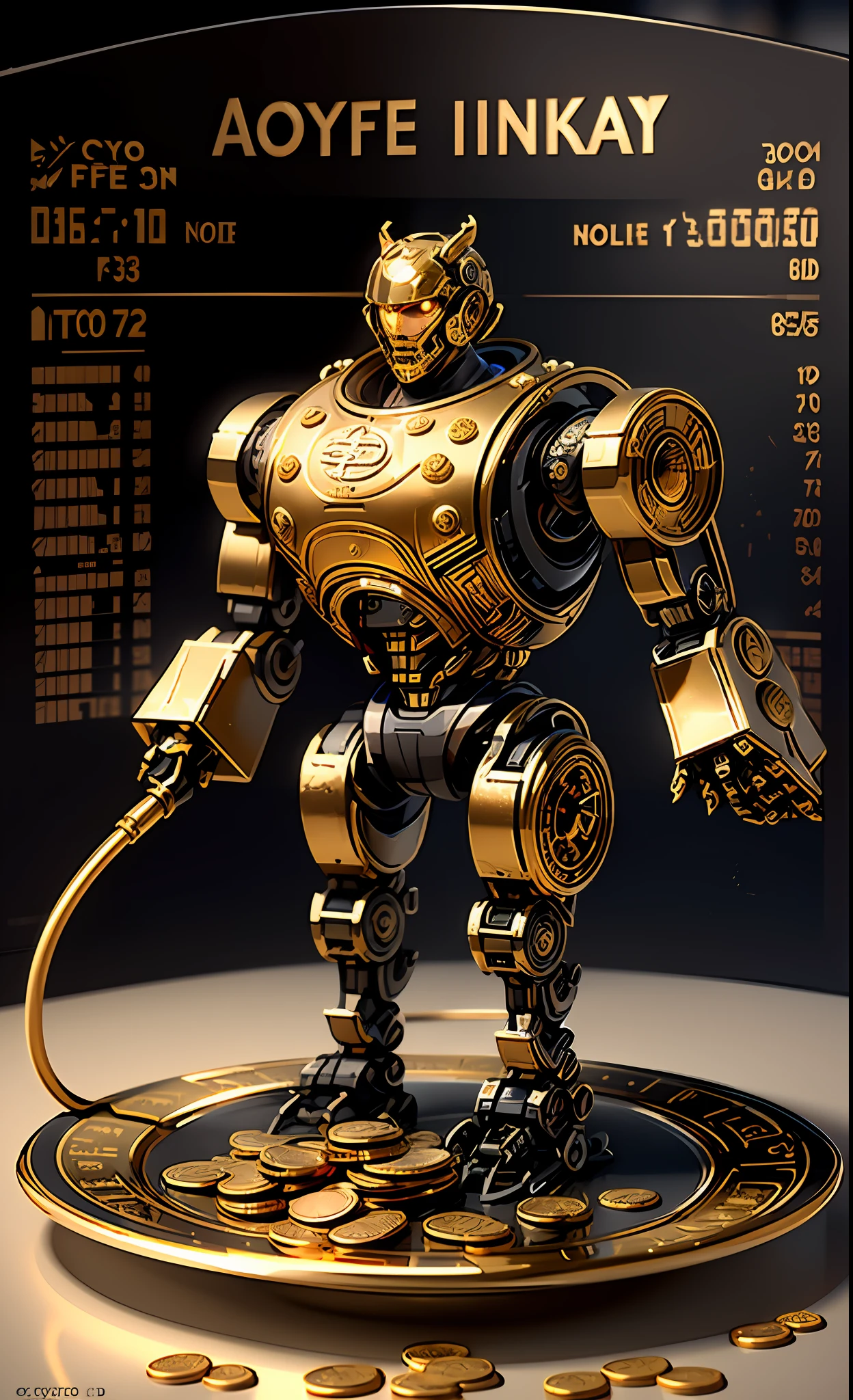 The black robot with micro hoses running gold inside them ,  Seu rosto fino com olhos luminosos azuis, holding a coffee chicara and a plate full of Bitcoin gold coins, a 3d animation in the background of the image, a big screen featuring financial market and crypto charts, investidor