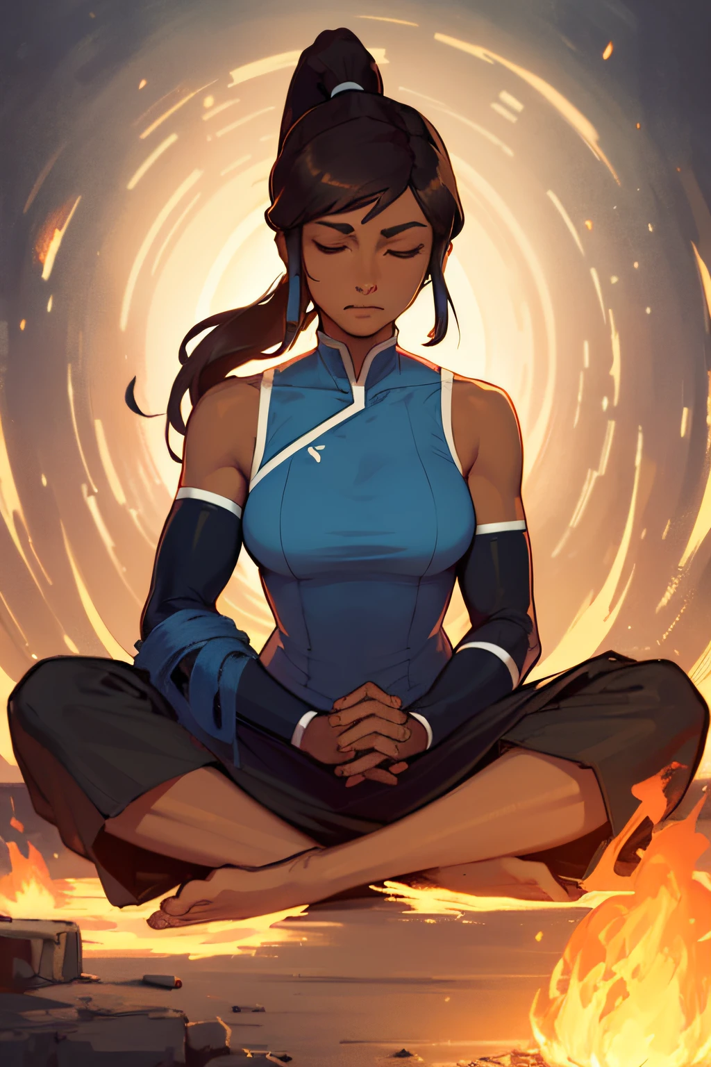 masterpiece, best quality, 1girl, korra, casting circe of fire arround her, solo, dark skin, blue eyes, brown hair, dark-skinned female, fire, hair tubes, dark, ponytail, long hair, topknot, breasts, bare shoulders, serious, closed eyes, meditating, sitting, avatar meditation,